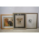 Three framed artwork studies of Labrador dogs, to include a pastel study by Mabel Gear