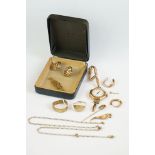 A collection of mixed gold jewellery to include tie pin, earrings, watch, rings...etc.
