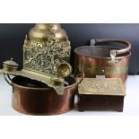 Mixed lot of Copper and Brass including Copper and Brass Coal Bucket, Brass Hall Lantern, Brass