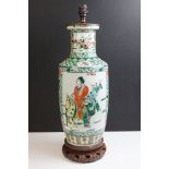 Chinese Porcelain Famille Verte Table Lamp of Rouleau form, decorated with panels of figures, with