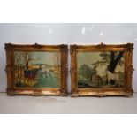 Pair of Oil Paintings on Board of Horses, both signed K Khan, 38cm x 49cm, ornate gilt frames