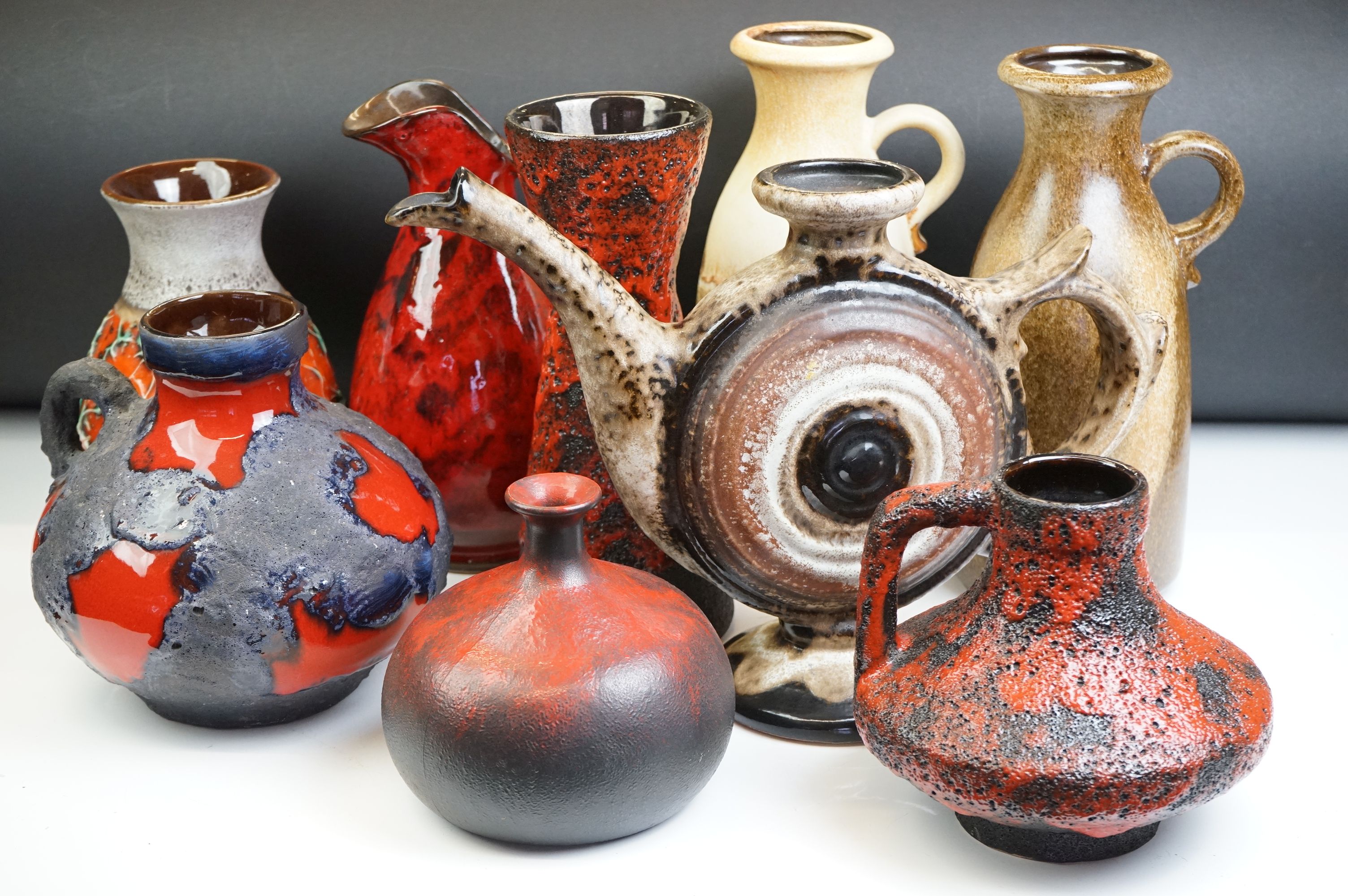 Collection of West German Fat Lava Vases / Jugs, tallest 26cm together with Four other West German
