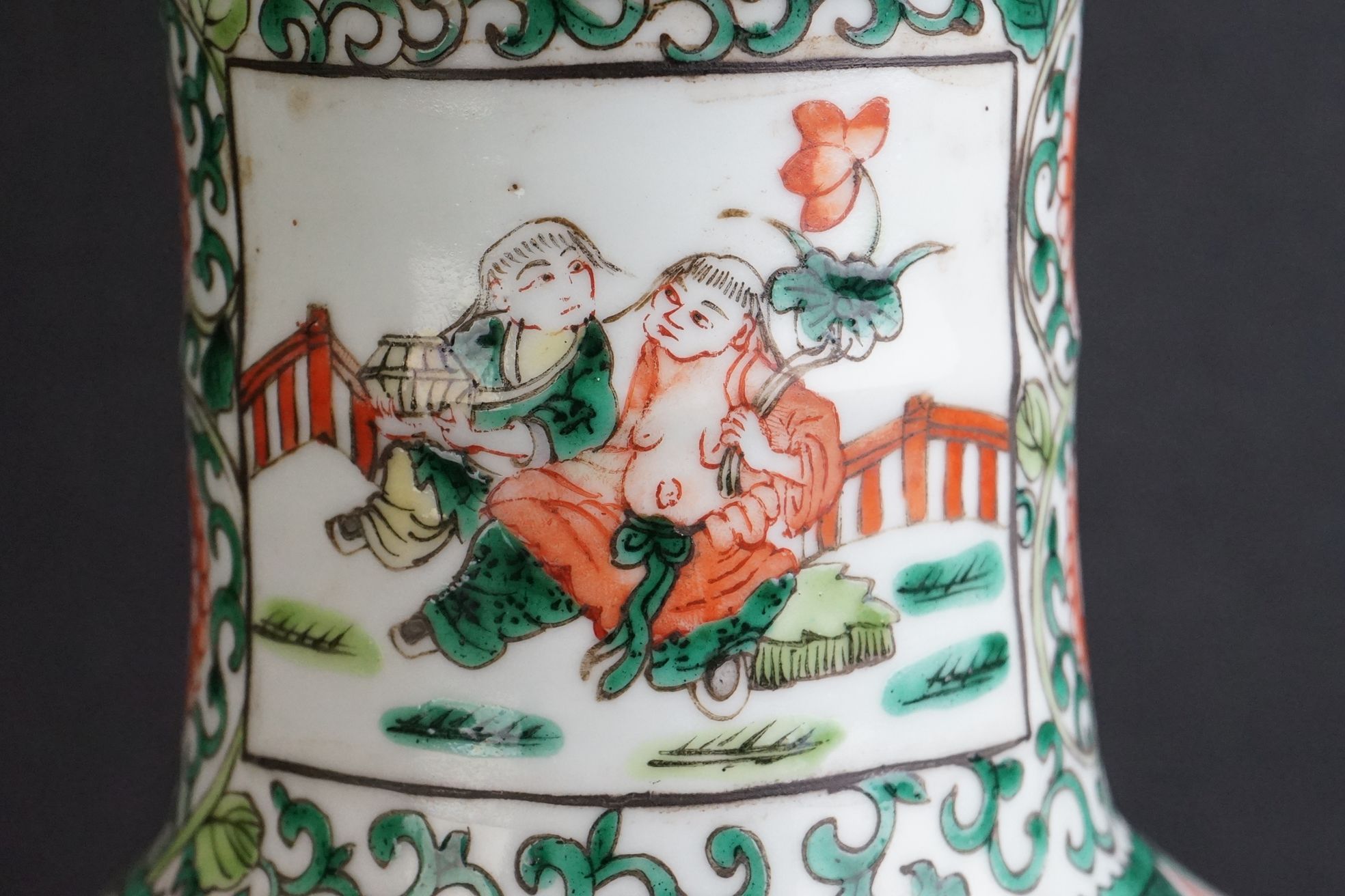 Chinese Porcelain Famille Verte Table Lamp of Rouleau form, decorated with panels of figures, with - Image 3 of 10