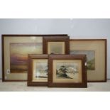 Two Landscape Watercolours, one indistinctly signed, largest 28cm x 46cm together with three
