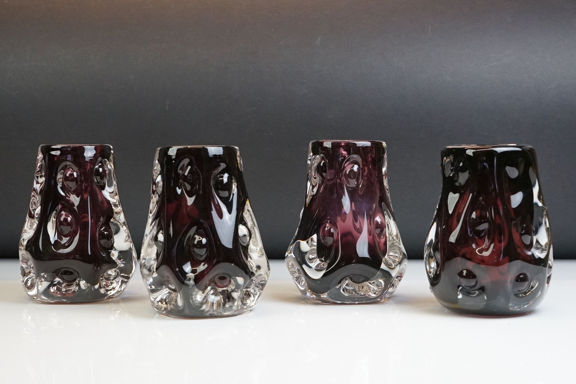 Four Liskeard Glass Amethyst Knobbly Vases, 14cm high