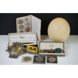 A box of mixed collectables to include an ostrich egg, Parker pen, coins and badges.