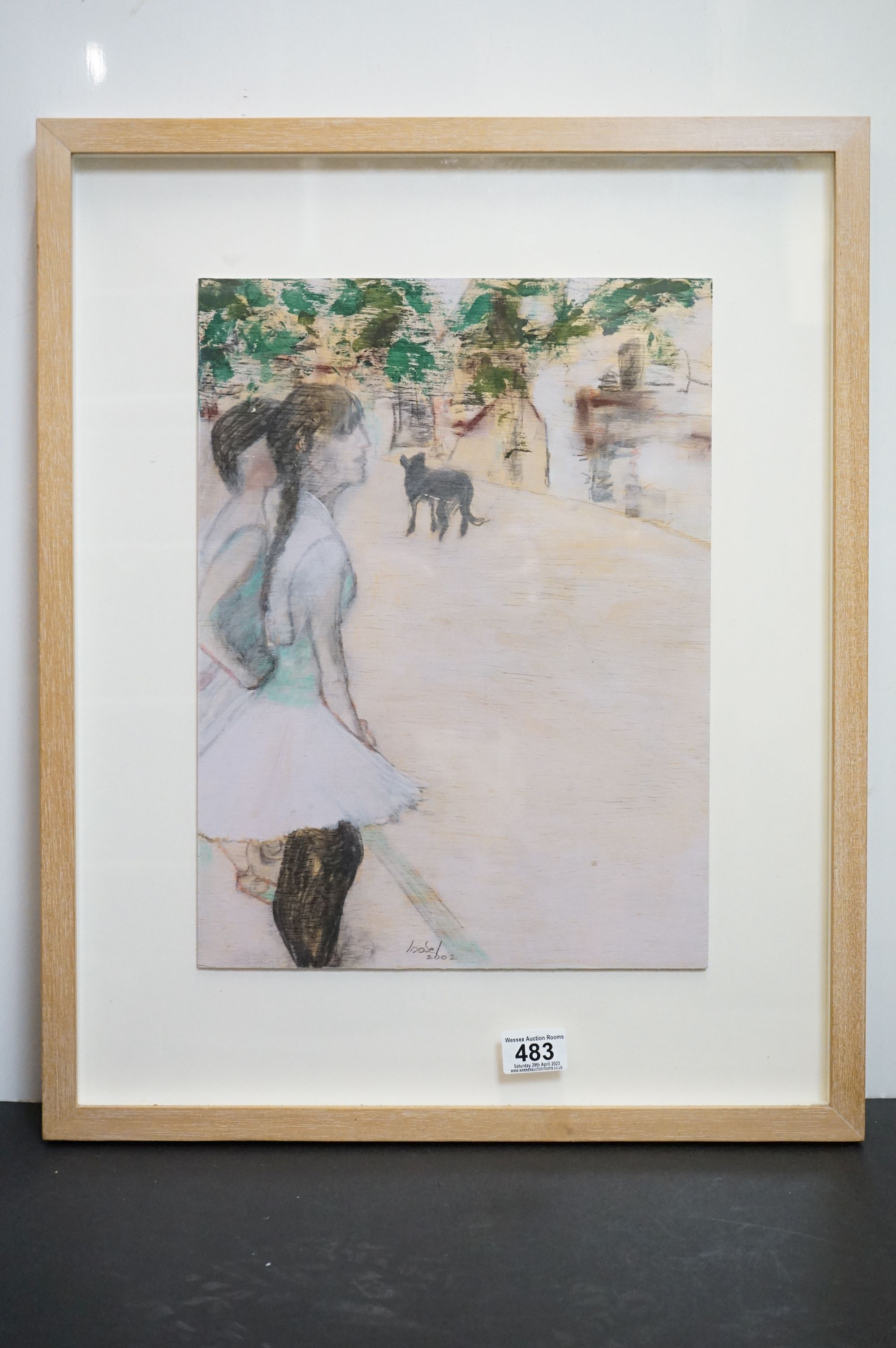Isobel Macleod 20th century pastel and wash, scene with girls and dog, signed and dated, approx.