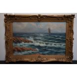 R Johansson oil on canvas seascape, sailboat off a rugged coastline, in gilt swept frame, approx.