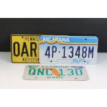 Three USA car licence plates, one each for Pennsylvania, Montana & Florida
