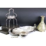 A small collection of mixed metal ware to include silver plated tray, cutlery sets, brass vase,