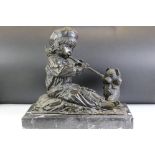 A large bronze centre piece of a child playing a flute to a teddy bear, signed Moreau, stands on