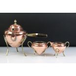 Art Nouveau / Arts and Crafts Copper Three Piece Tea Service, the teapot with turned wooden side