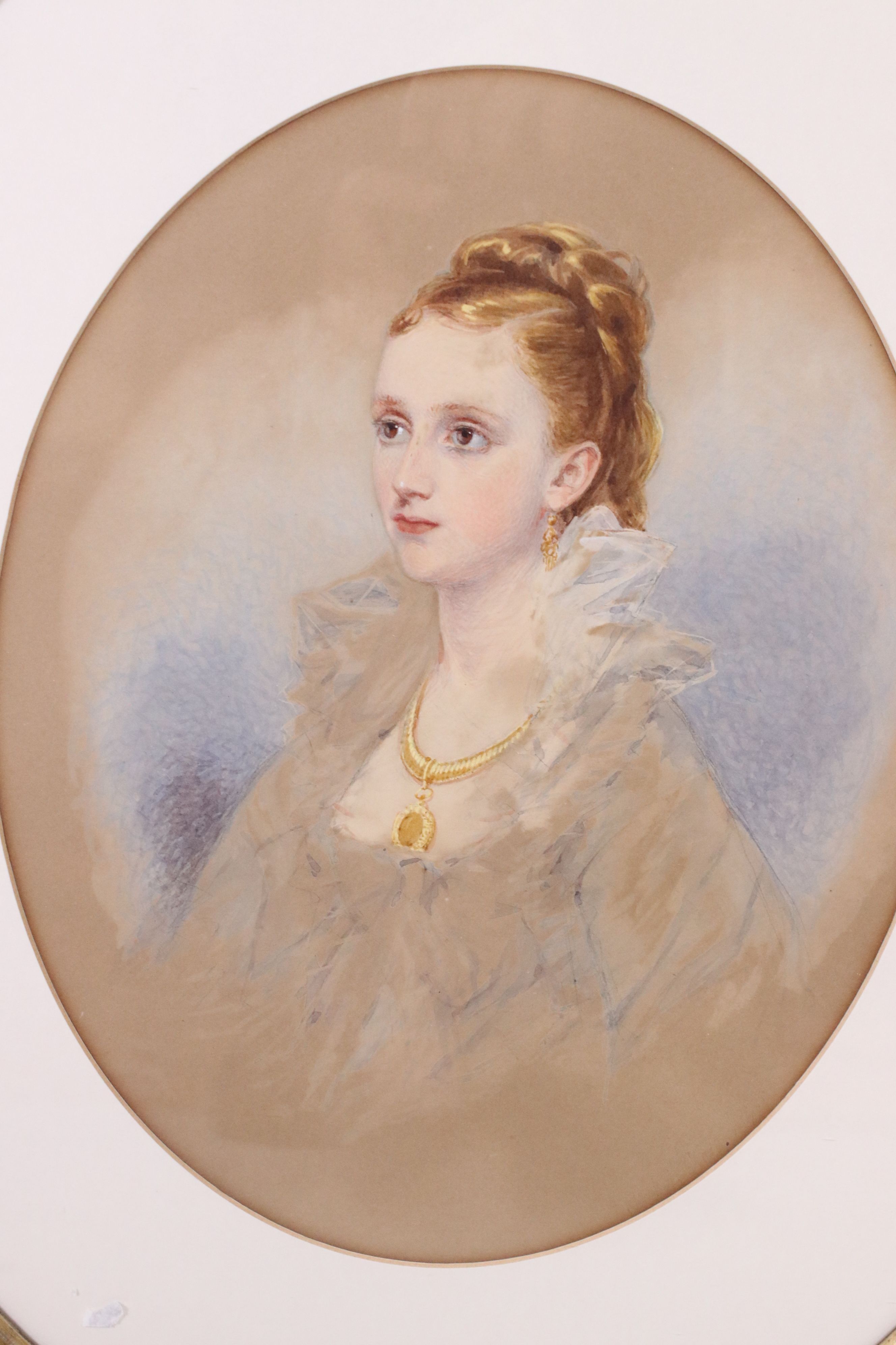 19th century Pastel and Watercolour Oval Portrait of a Young Woman, 38cm x 26cm, ornate oval gilt - Image 2 of 5