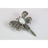 Silver and marcasite dragonfly brooch with opal cabochon