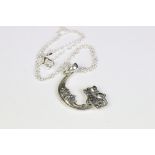 Silver cat and half moon pendant necklace on silver chain