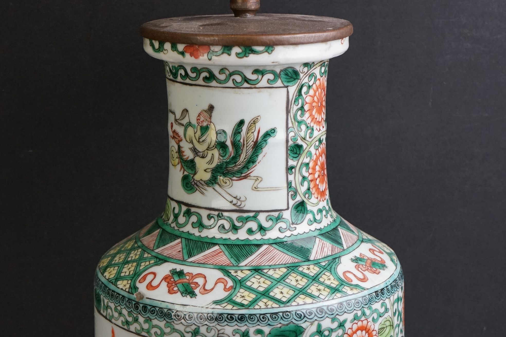 Chinese Porcelain Famille Verte Table Lamp of Rouleau form, decorated with panels of figures, with - Image 8 of 10