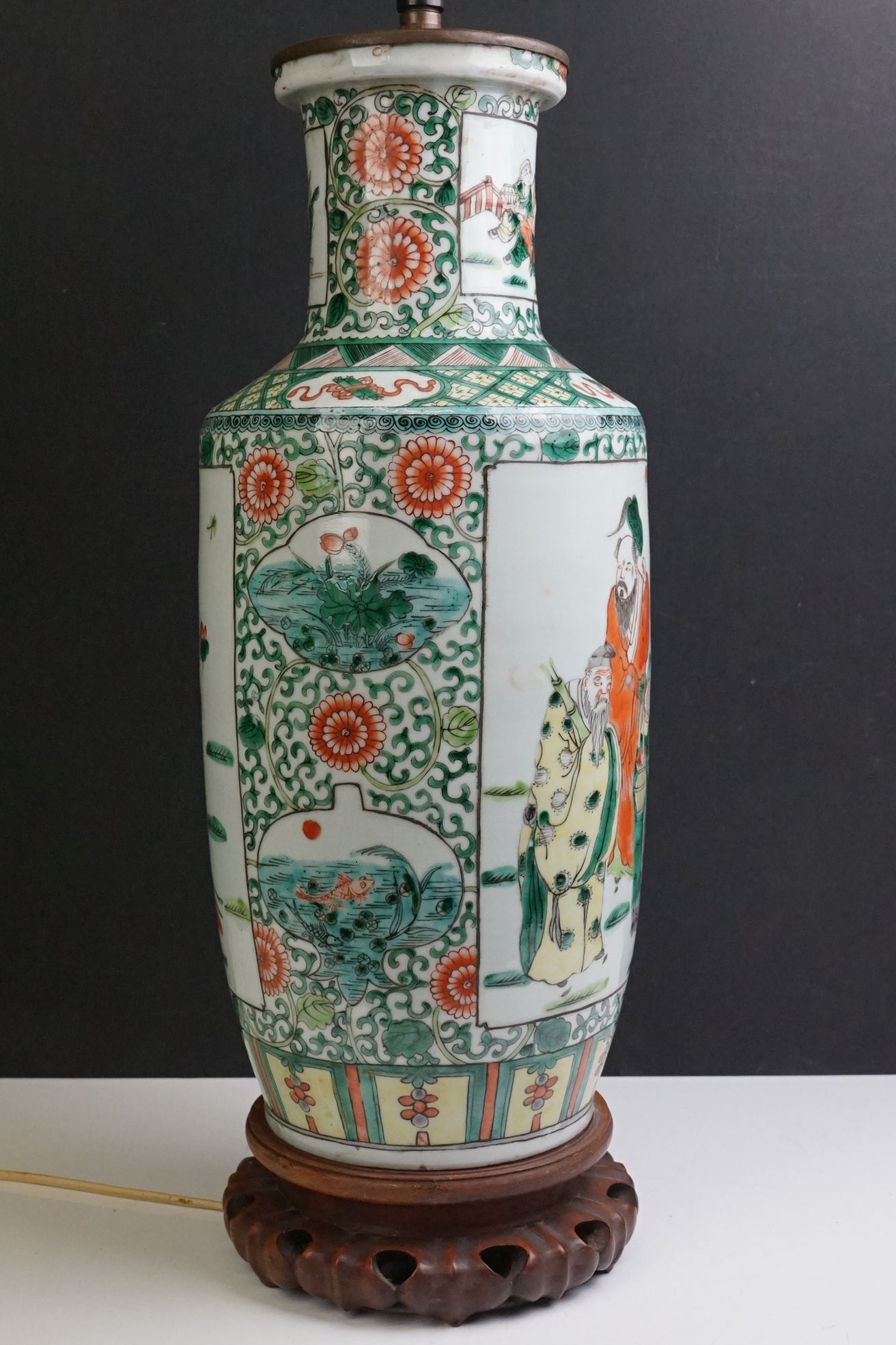 Chinese Porcelain Famille Verte Table Lamp of Rouleau form, decorated with panels of figures, with - Image 7 of 10