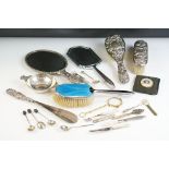 A box of mixed collectables to include dressing table brushes and mirrors to include silver example,