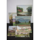 Group of seven oil paintings to include landscape on canvas signed L Gruner & six other country