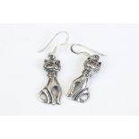 Pair of silver cat drop earrings