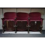 Early 20th century Set of Three Interlocking Cinema Seats, pink upholstery, iron frame and wooden
