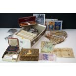 A box of mixed collectables to include postcards, pens, pre decimal British coins to include