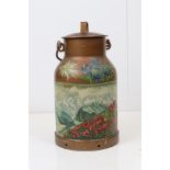 Vintage Metal Milk Churn with lid / Stick Stand, hand painted with red flowers in a field with