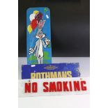 A group of three vintage signs to include Rothmans cigarettes, No Smoking and a hand painted Bugs