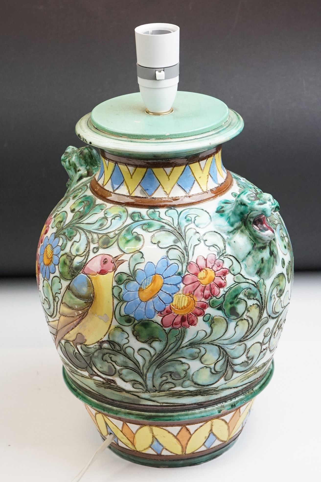 Italian pottery twin-handled vase with incised decoration depicting birds amongst flowers, - Image 10 of 17