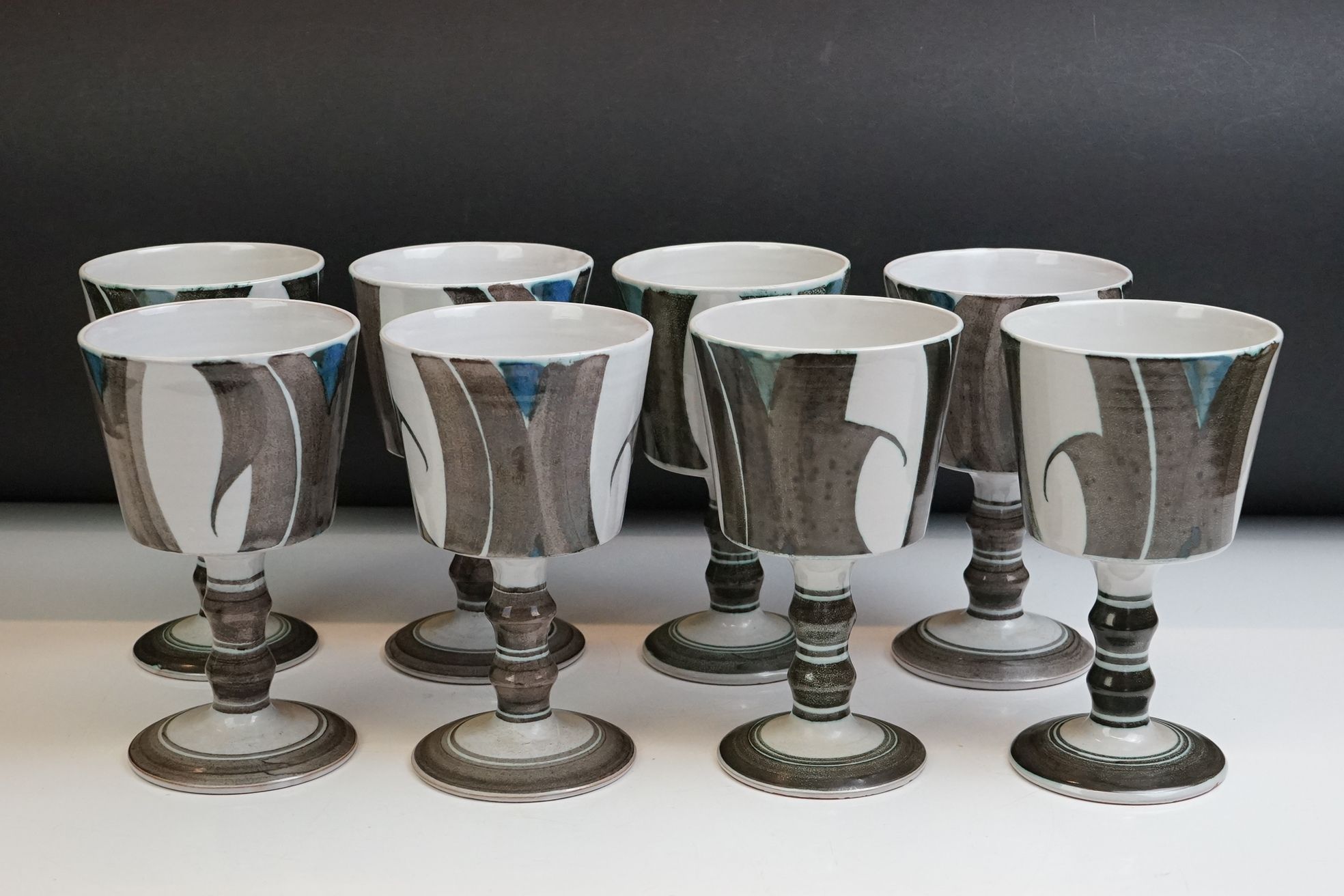 Set of Eight Aldermaston Pottery Goblets decorated by Edgar Campden, 16cm high - Image 2 of 9