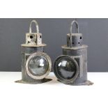 Two vintage railway lanterns to include a clear and red lens example.