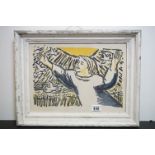 Framed and glazed artwork depicting a girl with the Doves of Peace, approx. 27cm x 37cm