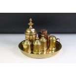 George III style Brass Desk Set comprising Pair of Lidded Inkwells and a Lidded Pounce Pot, 9cm high