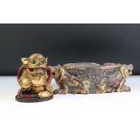South East Asian Wooden Carved Bowl support by two Lion Dogs with polychrome painted decoration,
