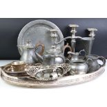 Mixed lot of Silver Plate and Pewter including Tudric Pewter Hammered Tray, Hammered Vase and