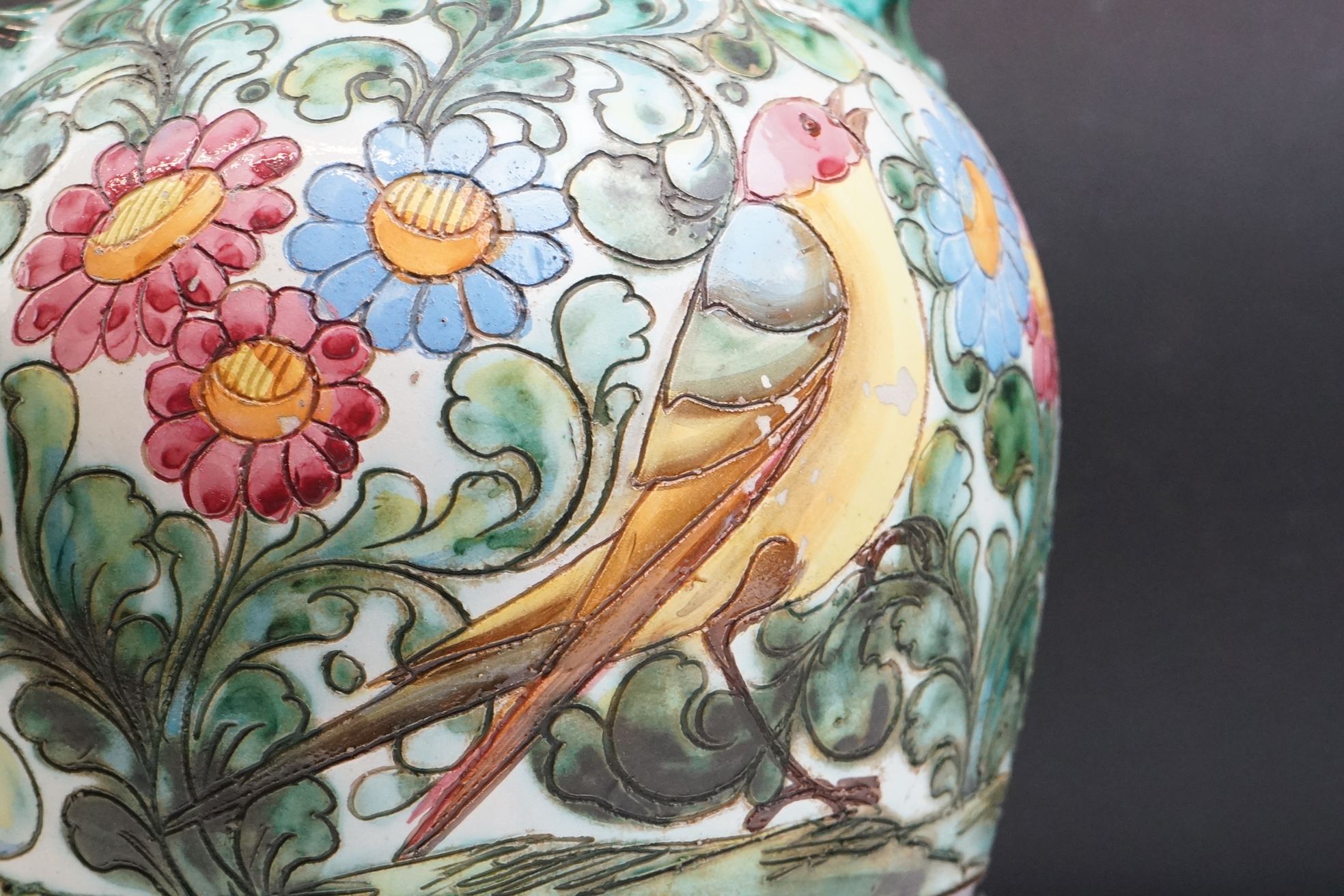 Italian pottery twin-handled vase with incised decoration depicting birds amongst flowers, - Image 12 of 17