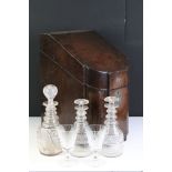 George III mahogany cutlery urn, adapted to a decanter box with three decanters & two glasses,