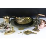 A collection of mixed metalware to include a copper kettle, two brass mortars, pewter bowl and a