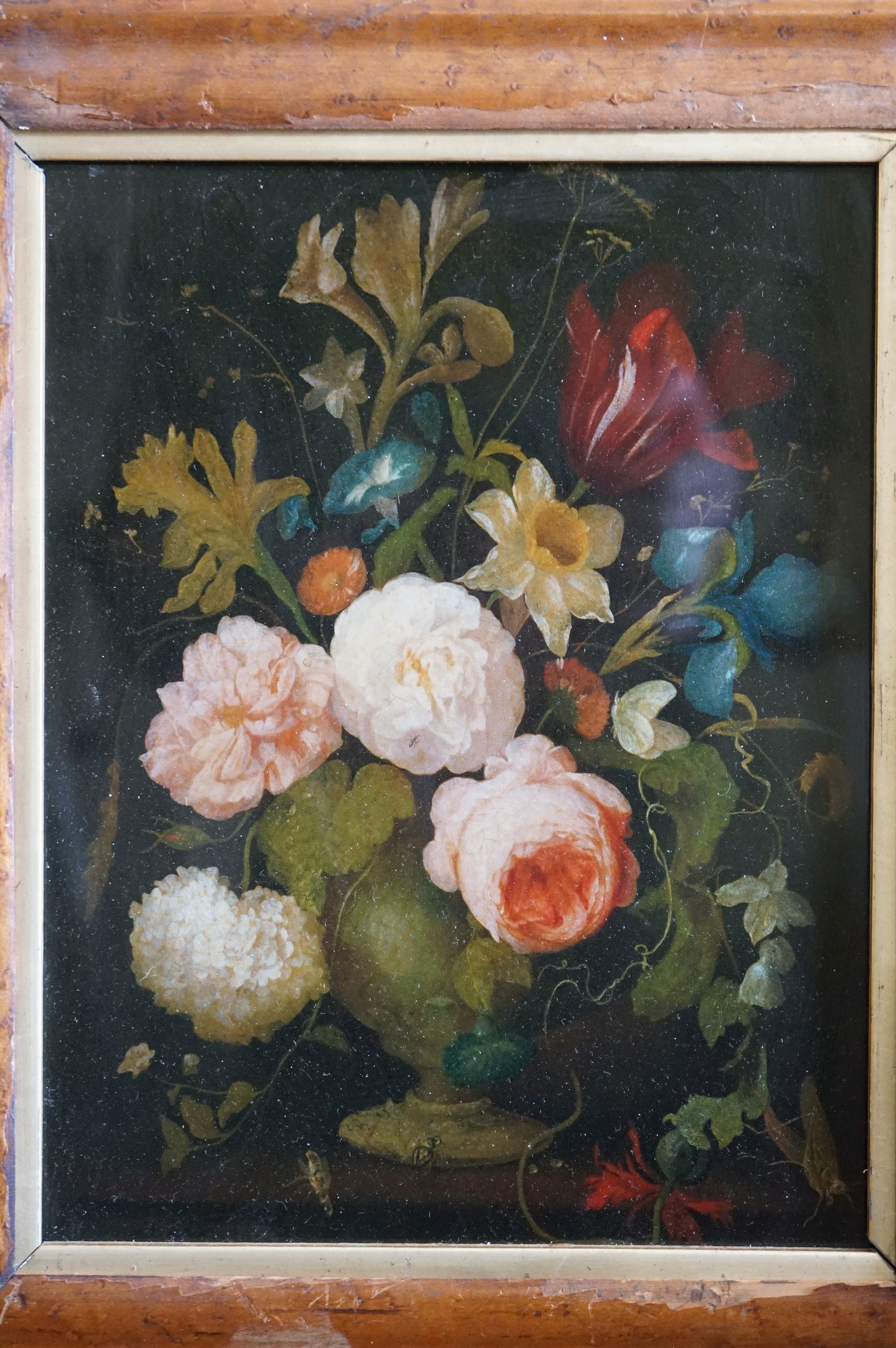 Oil on glass, a still life of flowers in an urn, together with two gilt framed watercolours of - Image 2 of 4