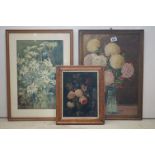 Oil on glass, a still life of flowers in an urn, together with two gilt framed watercolours of