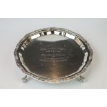 A fully hallmarked sterling silver card tray, assay marked for Birmingham and dated 1975.