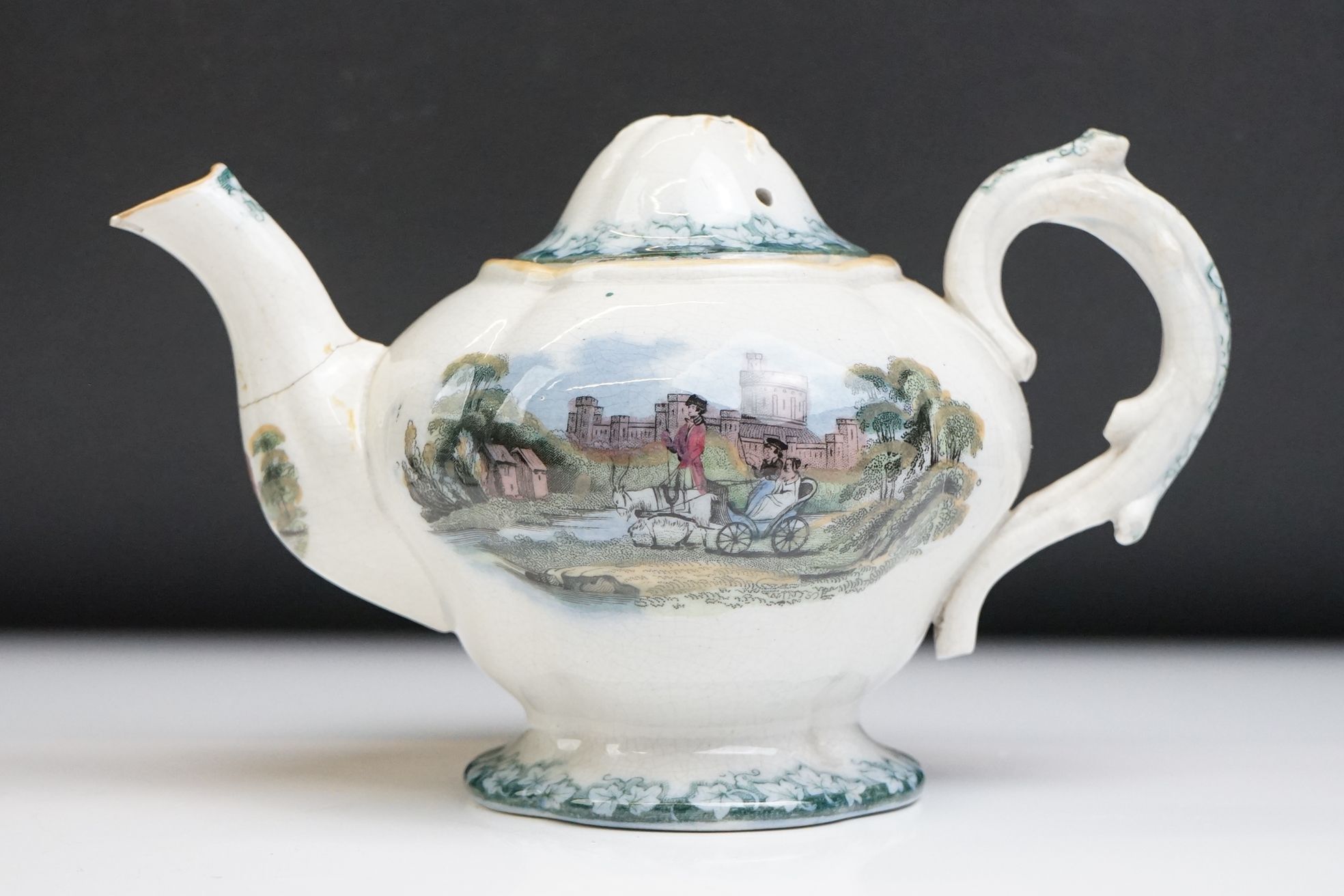 19th century Staffordshire Pottery Child's part Tea Set with transfer decoration of a goat pulling a - Image 2 of 10