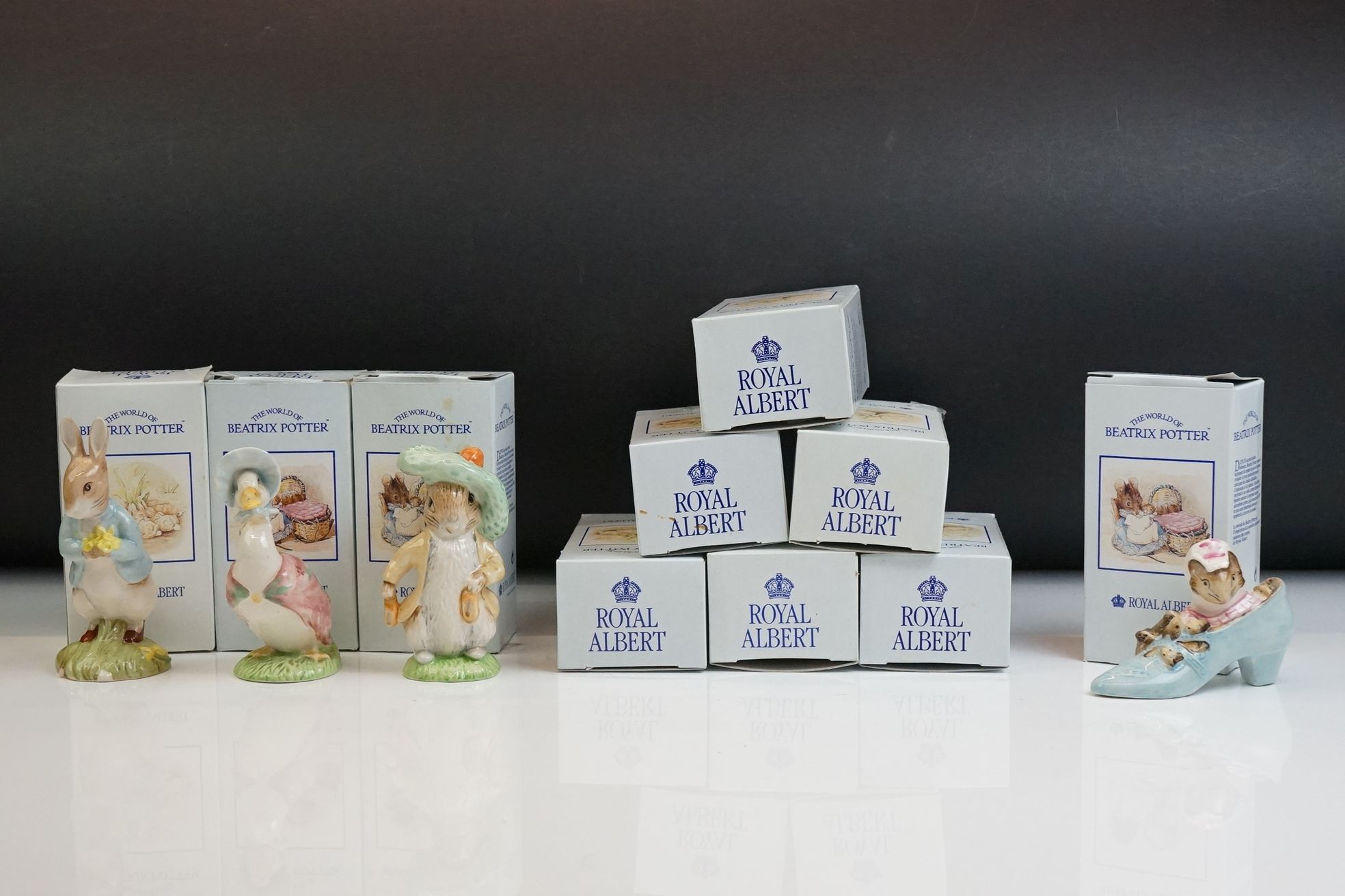 Nine boxed Royal Albert The World Of Beatrix Potter pottery porcelain figures, to include Fierce Bad