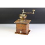 Early to Mid 20th century French Wooden and Brass Coffee Grinder with drawer, 29cm high
