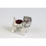 Silver dog pincushion with ruby eyes and emerald collar