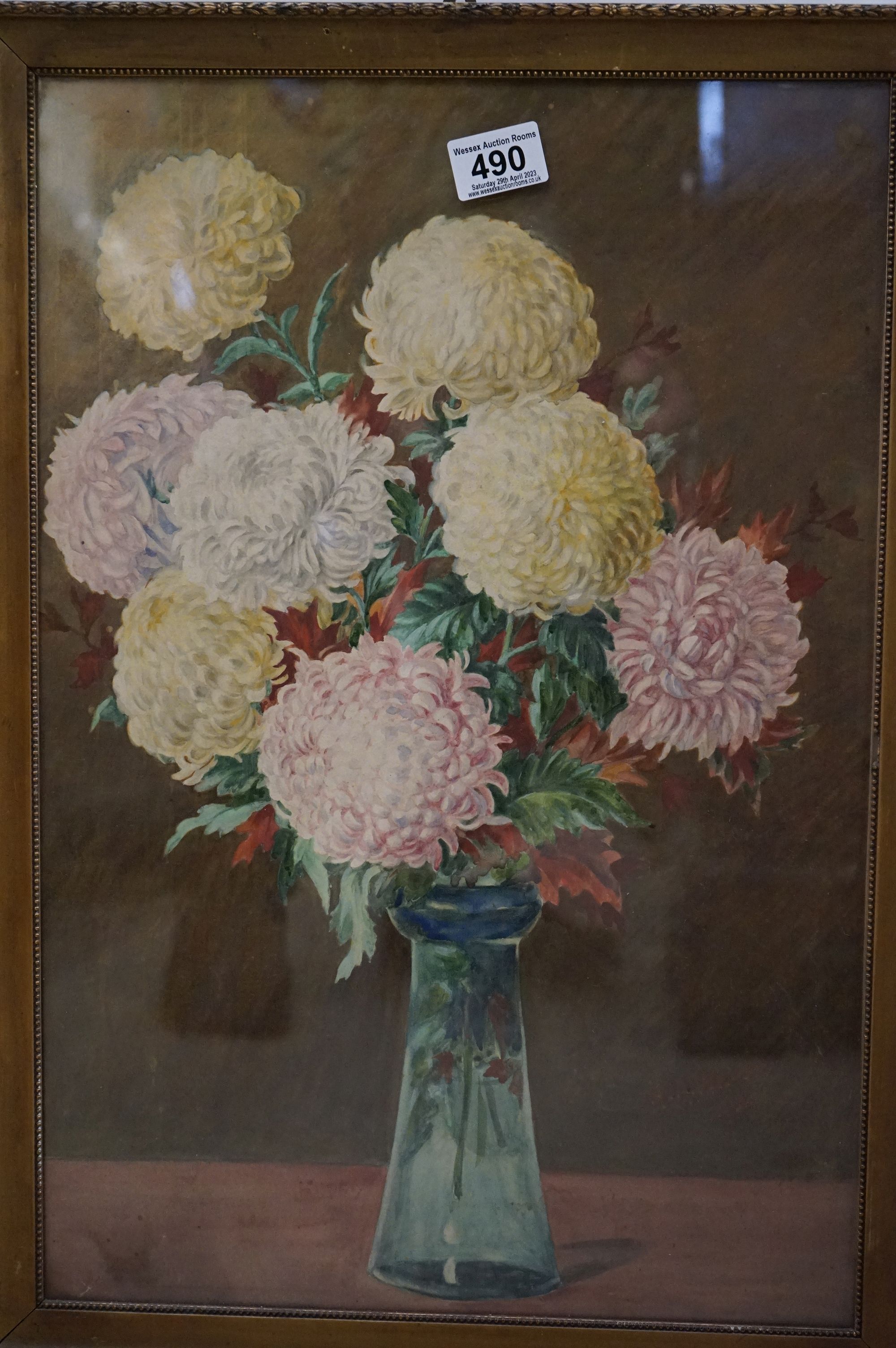 Oil on glass, a still life of flowers in an urn, together with two gilt framed watercolours of - Image 3 of 4