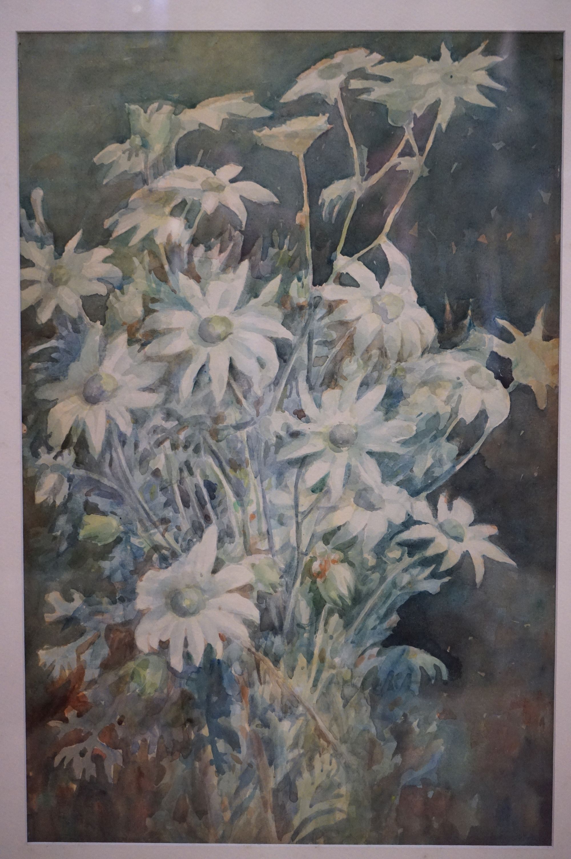 Oil on glass, a still life of flowers in an urn, together with two gilt framed watercolours of - Image 4 of 4