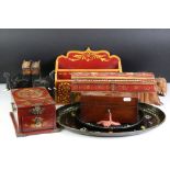 Mixed lot including Two Pairs of Wooden Elephant Bookends, Chinese Lacquered Jewellery / Vanity Box,