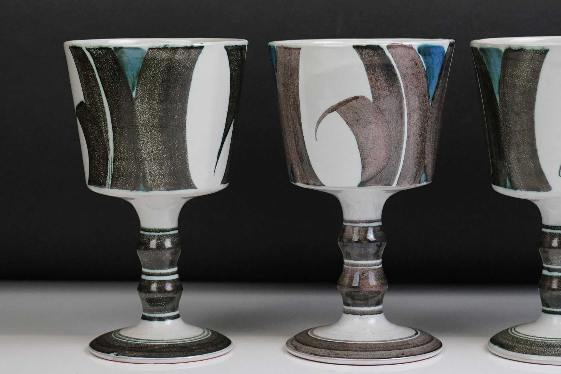 Set of Eight Aldermaston Pottery Goblets decorated by Edgar Campden, 16cm high - Image 6 of 9