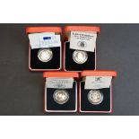 A collection of four Royal Mint United Kingdom Piedfort silver proof £1 / one pound coins to include